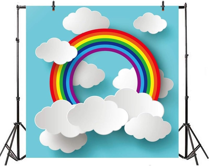 AOFOTO 8x8ft Cartoon Rainbow Clouds on Blue Paper Backdrop for Photography Girl Boy Baby Shower Photo Booth Kids Children Birthday Party Decoration Wallpaper Photo Studio Props - Image 1